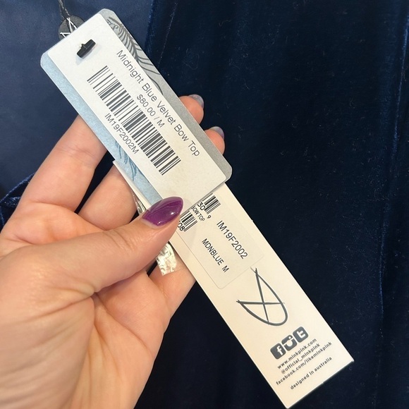 MINKPINK Navy Blue Velvet Long Sleeve Blouse M NWT | Smocked Waist Peplum Top - Picture 6 of 6